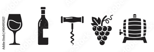 Minimalist collection of wine and winery symbols featuring a filled glass, bottle, corkscrew opener, grape bunch, and a wooden cask, all depicted as solid black icons