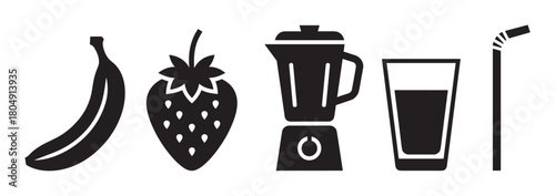 A set of black silhouette icons showing the ingredients and equipment for making a fruit smoothie, including a banana, strawberry, blender, glass, and drinking straw
