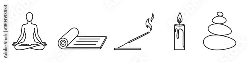 A collection of minimalist black line art icons for yoga and meditation, featuring a person in lotus pose, a rolled mat, burning incense, a lit candle, and stacked stones