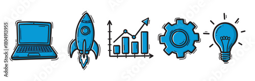 A collection of blue hand-drawn doodle icons for business startup concepts, featuring a laptop, rocket, growth chart, gear, and a glowing lightbulb to represent new ideas
