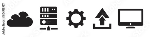 Minimalist black silhouette icons for web and technology concepts, featuring a cloud, data server, settings cog, upload arrow, and a desktop computer screen