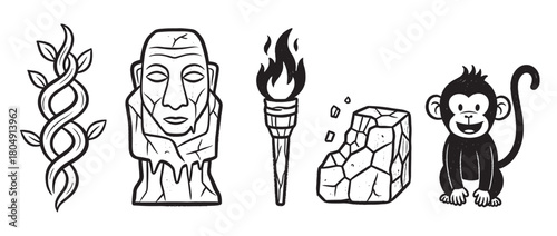 A set of black and white jungle adventure icons including a vine, ancient stone idol, flaming torch, rock, and a cute cartoon monkey in a hand-drawn graphic style