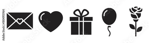 A collection of minimalist black silhouette icons for romantic celebrations, featuring a love letter, heart, gift box, balloon, and a single rose in a simple flat design style