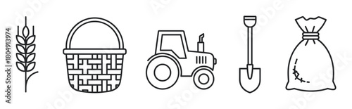Set of five agricultural outline icons featuring a wheat ear, woven basket, farm tractor, digging shovel, and a tied grain sack, illustrated in a minimalist linear graphic style