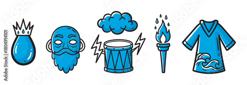 A collection of blue cartoon icons representing mythological water and thunder deities, including a crowned drop, a bearded god, a drum with lightning, a magic torch, and a tunic with waves