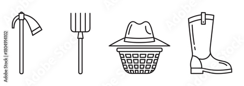A minimalist collection of agricultural equipment icons featuring a hoe, pitchfork, farmer's hat with a basket, and a rubber boot, drawn with clean black outline strokes