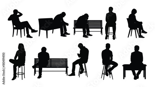 People sitting silhouette vector set isolated on white background, Vector