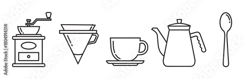 A set of black line art icons for coffee brewing, including a manual grinder, pour-over dripper, cup and saucer, coffee pot, and a spoon, in a minimalist graphic style