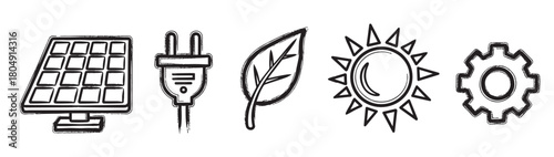 Set of five eco-friendly energy icons with a rough, hand-drawn texture, featuring a solar panel, electric plug, leaf, sun, and gear to symbolize green technology