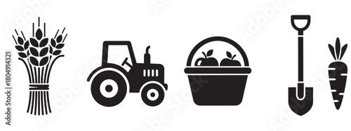 A collection of simple black glyph icons for agriculture and farming, featuring a wheat sheaf, tractor, apple basket, shovel, and carrot, presented in a clean vector style