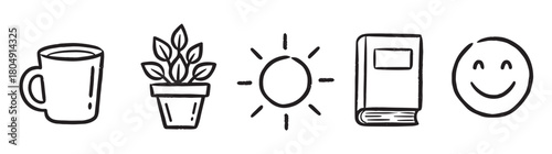 A collection of five minimalist, hand-sketched icons depicting simple pleasures and a happy lifestyle, featuring a warm drink, nature, sunshine, reading, and a smiling face