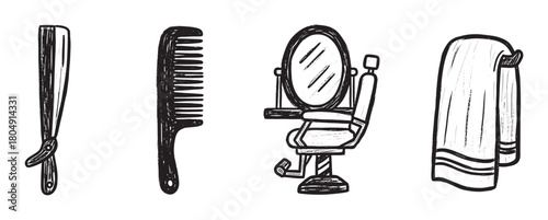 A set of hand-drawn barbershop icons with a straight razor, comb, chair, and towel, depicted in a black and white sketch or linocut illustration style