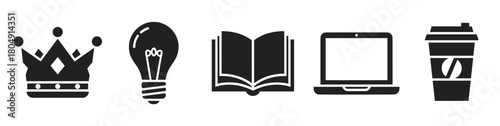 A minimalist collection of black glyph icons including a crown, light bulb, open book, laptop, and coffee cup, symbolizing leadership, ideas, knowledge, and technology