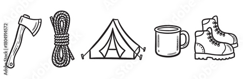 A set of hand-drawn camping and hiking equipment icons, including an axe, rope, tent, mug, and boots, illustrated in a simple black and white line art doodle style