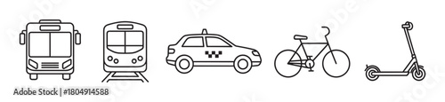 A collection of urban transport icons in a minimalist line art style, featuring a bus, train, taxi cab, bicycle, and an electric scooter for city commuting and travel
