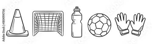 A hand-drawn set of soccer training equipment including a cone, goal, water bottle, ball, and goalkeeper gloves in a simple black and white line art illustration style