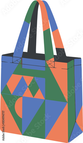 Colorful geometric tote bag with blue green and orange triangles and circles vector illustration style graphic element
