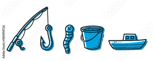 Collection of fishing equipment and symbols like a rod, hook, bait, pail, and ship, depicted in a charming, minimalist sketch style with blue color accents