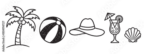 A collection of hand-drawn summer vacation icons, including a palm tree, beach ball, sun hat, cocktail, and seashell, presented in a simple black and white doodle style