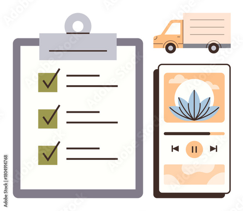 Clipboard with completed checklist, delivery truck, smartphone with wellness app. Ideal for productivity, organization, logistics, mindfulness, delivery work-life balance efficiency. Clean simple