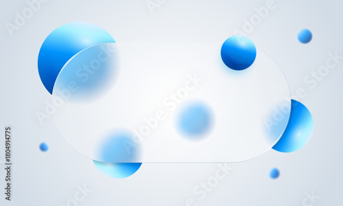 Blurred glass morphism frame with glowing blue tones and floating 3D balls shapes a sleek modern screen. Transparent frosted glassmorphism panel craft an abstract tech banner. Digital layout UI design