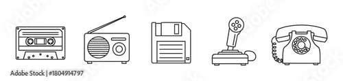 A collection of retro technology icons including a cassette tape, radio, floppy disk, joystick, and rotary telephone, depicted in a minimalist black and white line art style