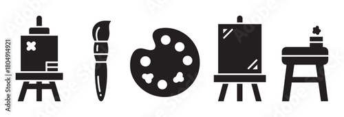 A set of black glyph icons representing art supplies, including an easel with canvas, a paintbrush, a palette, and a stool, presented in a simple graphic style