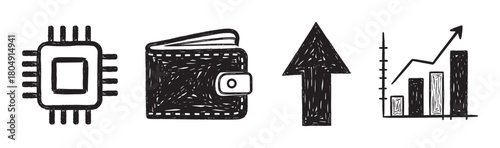 Hand-drawn doodle icon set illustrating concepts of technology, finance, and growth with a processor chip, a wallet, an upward arrow, and a rising bar chart