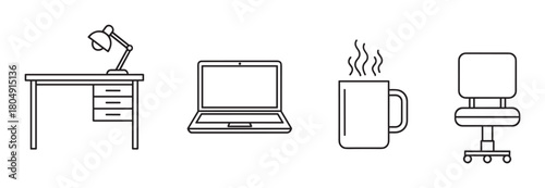 A set of four minimalist line art icons representing a home office or workspace, including a desk with a lamp, a laptop, a steaming mug, and a swivel chair