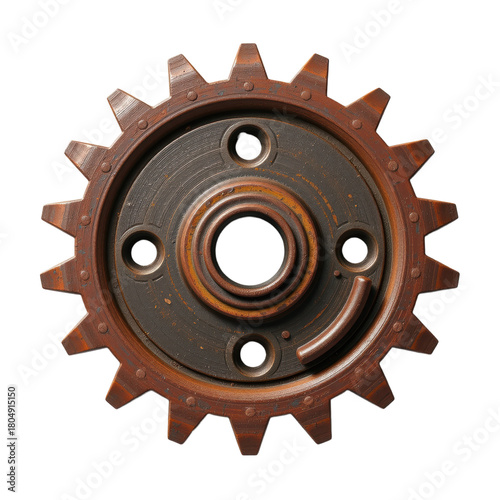 Old rusty metal gear wheel with circular holes, industrial style, isolated on white, vintage mechanical part