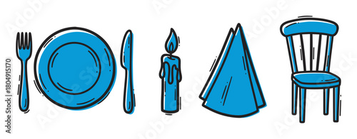 Simple doodle-style illustration of dining essentials, including cutlery, a plate, a burning candle, a napkin, and a chair, rendered in a bold blue and black graphic design