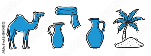 A collection of blue and black desert-themed doodle illustrations featuring a camel, palm tree, scarf, and traditional clay jugs in a simple hand-drawn style