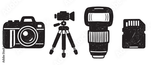 A collection of hand-drawn photography equipment icons, including a digital camera, tripod, external flash, and memory card, rendered in a black and white doodle art style