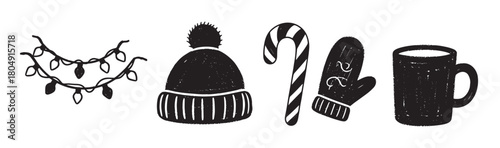 A charming set of hand-drawn winter holiday elements, including a beanie, candy cane, mitten, mug, and string lights, in a textured black and white stamp style