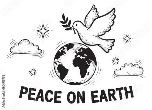A charming doodle-style drawing of a dove holding a leafy branch above the globe, surrounded by stars and clouds, with a hopeful message of global peace written below