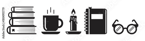 A set of black silhouette icons for reading and studying, including a stack of books, a hot drink, a candle, a notebook, and eyeglasses, representing a cozy atmosphere