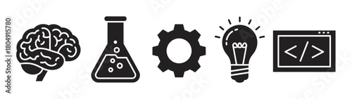 A collection of graphic symbols for STEAM concepts, showing a brain, laboratory flask, mechanical cog, shining light bulb, and a software development code window