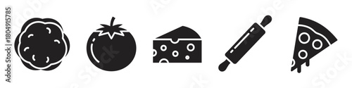 A set of black glyph icons representing pizza ingredients and tools, including dough, tomato, cheese, a rolling pin, and a finished slice, arranged in a row