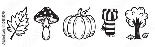 A charming set of hand-drawn autumn icons, including a leaf, mushroom, pumpkin, scarf, and tree, rendered in a simple black and white doodle style for seasonal concepts