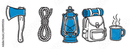 A collection of hand-drawn camping and hiking equipment including an axe, rope, lantern, backpack, and a hot drink mug, illustrated in a simple blue and black doodle art style