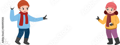 Boy and girl throwing snowballs in a fun winter snow fight. Cute cartoon children enjoying outdoor play. Perfect for winter, holidays, and kids illustrations.