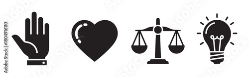 A horizontal row of four distinct black silhouette icons representing core human values: an open hand, a heart, a balance scale, and a glowing lightbulb symbolizing ideas