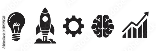 A horizontal row of five black silhouette icons depicting a lightbulb, a rocket taking off, a gear, a human brain, and an upward trend graph, symbolizing business innovation and growth