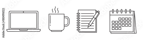 A set of four minimalist line art icons representing office work, including a laptop, a steaming coffee mug, a notebook with a pen, and a desk calendar for planning