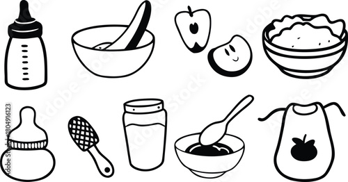 Hand drawn baby food icons bundle featuring bottles bibs bowls and utensils scalable vector art