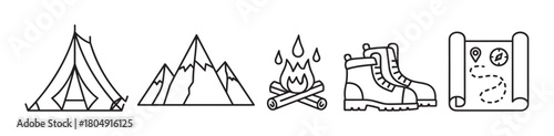 Collection of simple outline icons for camping and hiking, featuring a tent, mountain range, bonfire, trekking boots, and a navigation map in a clean, linear style
