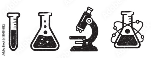 A collection of scientific laboratory equipment illustrations, including a test tube, beaker, microscope, and atomic flask, rendered in a rough, sketched black ink doodle style