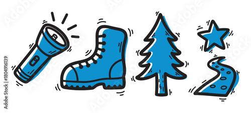 A set of hand-drawn blue doodle icons for camping and hiking, featuring a shining flashlight, a sturdy boot, a pine tree, a star, and a winding path in a simple cartoon style