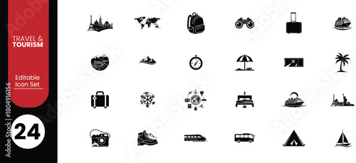 Collection of travel and transportation icons representing global journeys and leisure activities