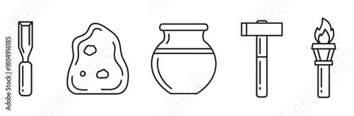 A collection of simple outline icons depicting prehistoric and ancient civilization items, including a stone, chisel, clay pot, hammer, and a flaming torch in a linear style